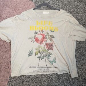 Stylish Cream Floral Tee with Yellow Text